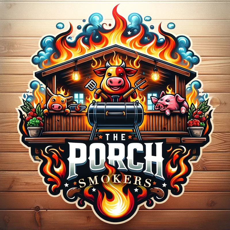 Porch Smokers BBQ team logo: cartoon pit scene with The Porch Smokers wordmark.